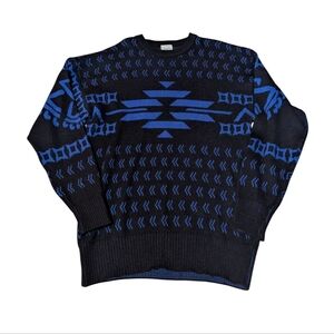 Bogner Fair Isle Sweater Black Blue Wool Medium Vintage Retro Crewneck Gaper Day
